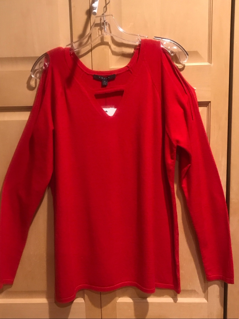 New Cyrus Red Cold-Shoulder V-Neck Long Sleeve Sweater